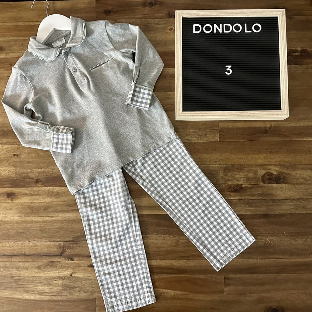 Dondolo Grey Sage Green Polo Knit Long Sleeve Shirt Check Pant Set Cotton 3